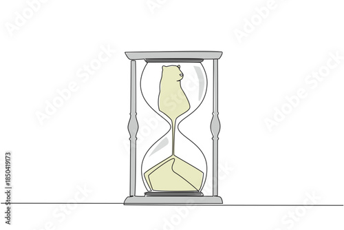 Continuous one line drawing the bottom of the polar bear is sucked into the hourglass. Preserve or become extinct faster. National Endangered Species Day. Single line draw design vector illustration