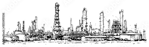 Industrial oil refinery plant panoramic vector sketch in black and white