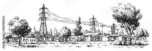 High voltage power lines and electric transmission towers landscape vector sketch