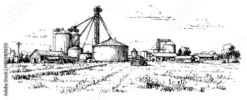 Panoramic rural farm landscape with grain silos and agricultural buildings