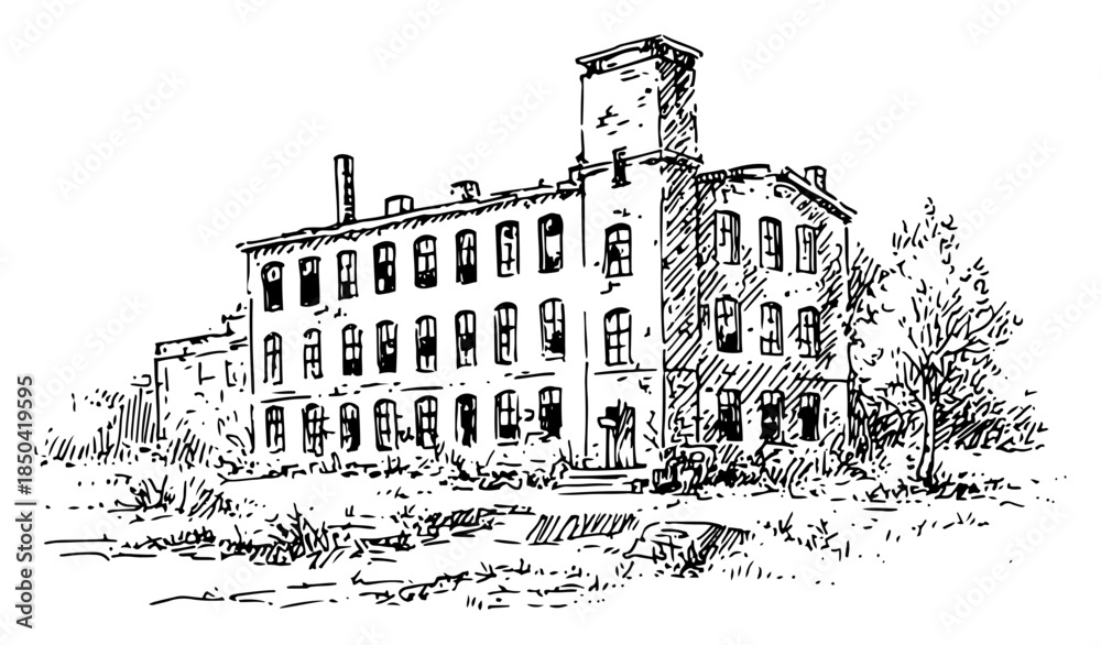 Fototapeta premium Abandoned multi story old factory building vector sketch