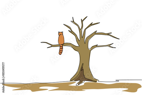 Single continuous line drawing red panda sitting on a big dry tree branch. Cultivation that never succeeded. Ecosystem scarcity. National Endangered Species Day. One line design vector illustration