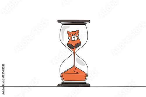Single continuous line drawing lower body of red panda is sucked by the sand in the hourglass. Climate change causes habitat loss. National Endangered Species Day. One line design vector illustration