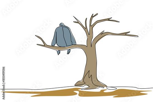 Single continuous line drawing gorilla sitting on a big dry tree branch. Unable to survive. Chronic environmental damage. Extinct. National Endangered Species Day. One line design vector illustration