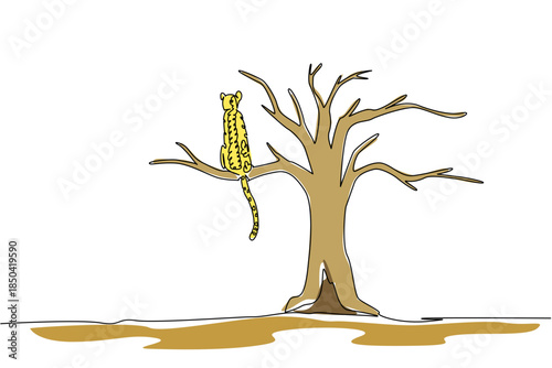 Single one line drawing cheetah sitting on a big dry tree branch. Changing food chain patterns. Damaged nature. Extinction. National Endangered Species Day. Continuous line design graphic illustration