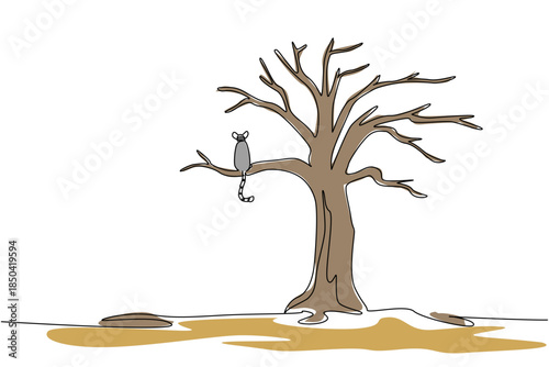 Single continuous line drawing lemur sitting on large dry tree branch. Global warming. Extreme climate change. Towards extinction. National Endangered Species Day. One line design vector illustration