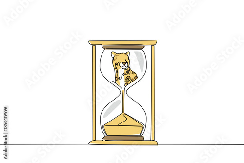 Continuous one line drawing lower body of leopard is sucked by sand in hourglass. Destruction of forests to become bare. National Endangered Species Day. Single line draw design vector illustration