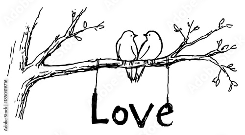 Two birds sitting on a tree branch with hanging love text sign