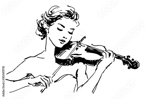 Young female musician playing the violin instrument in black ink sketch style