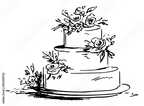 Three tiered wedding cake with rose decorations in sketch style