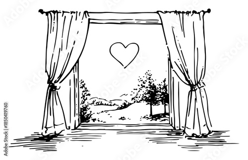 Open window with curtains and heart symbol landscape view vector sketch