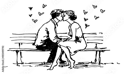 Loving couple kissing on a park bench with hearts in hand drawn sketch style