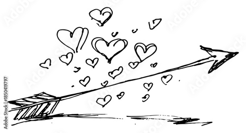 Hand drawn cupid arrow flying with trail of hearts