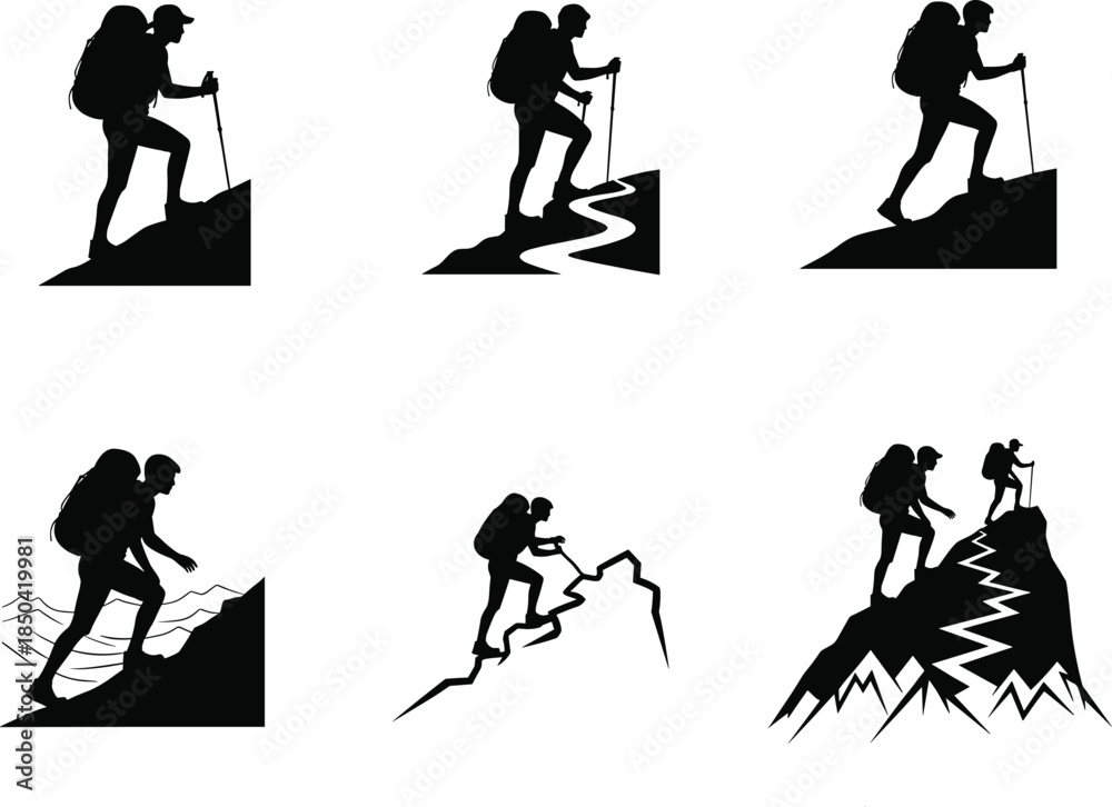 Obraz premium Mountain climbing silhouette vector, hiking illustration, outdoor adventure design, backpacker trekking poses, rugged terrain, summit journey, minimalist black and white artwork