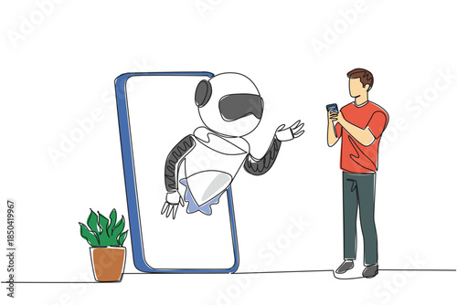 Continuous one line drawing man stands holds a smartphone and robot comes out of big smartphone. Chat with chatbot. International Virtual Assistants Day. Single line draw design vector illustration