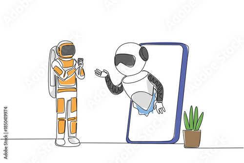 Single continuous line drawing astronaut stands holds a smartphone and robot comes out of large smartphone. Asking the risk. International Virtual Assistants Day. One line design vector illustration