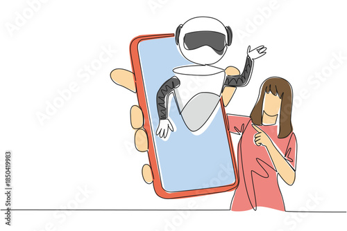 robot emerging phone, woman pointing, line art clip art preview