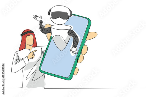 Single one line drawing Arab man holding a smartphone with a robot coming out of the screen. Customer convenience. International Virtual Assistants Day. Continuous line design graphic illustration