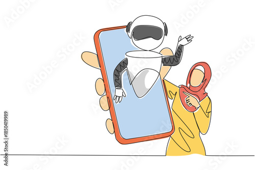 Single one line drawing Arab woman holds smartphone with robot coming out of screen. Explore the latest smartphones. International Virtual Assistants Day. Continuous line design graphic illustration
