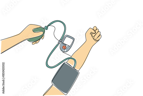 Single one line drawing hand is being tensed. Regular routine health checks. Realizing the importance of health. Healthy living. World Hypertension Day. Continuous line design graphic illustration