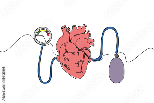 Continuous one line drawing heart with pumps and blood pressure meters at the ends. Health conscious equipment. Healthy living. World Hypertension Day. Single line draw design vector illustration