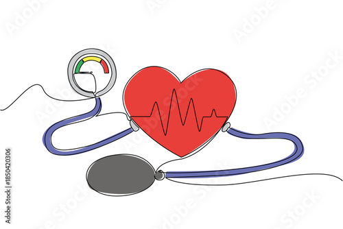 Single continuous line drawing heart pulse graph in center of the heart with pump and blood pressure meter at both ends. Medical checkup. World Hypertension Day. One line design vector illustration