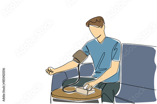 Single one line drawing a man in casual clothes sitting on a sofa and measuring his blood pressure. Regular self checks. Healthy. World Hypertension Day. Continuous line design graphic illustration