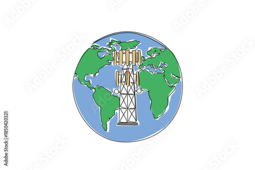 Continuous one line drawing full globe with a transmitter tower in the middle. Communication tower. World Telecommunication and Information Society Day. Single line draw design vector illustration
