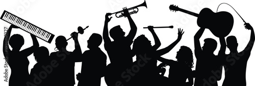 Musical band silhouette, people playing instruments, black vector illustration, energetic performance, live music celebration, artistic ensemble, creative concert scene, music vector art