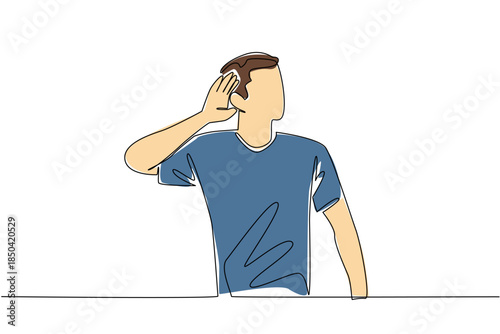 Continuous one line drawing man in casual clothes puts his hand behind his ear. A mocking gesture. Like a goal celebration. No sound. National Be Heard Day. Single line draw design vector illustration