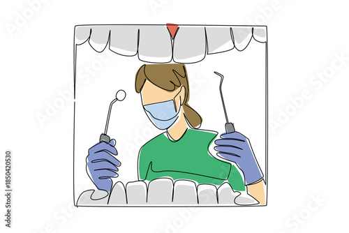 Continuous one line drawing rows of teeth and a female dentist in a mask in gloves, holding a mirror and a pry tool. Clean tartar. National Dentist Day. Single line draw design vector illustration