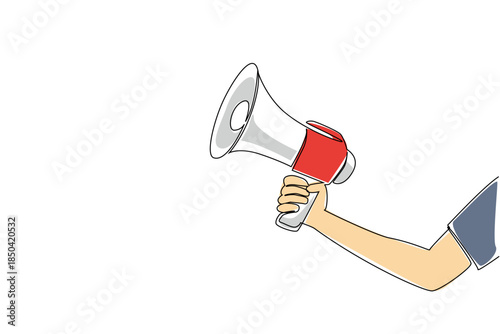 Single one line drawing a hand in casual clothes is holding a megaphone. A tool to help many people hear. Important announcement. National Be Heard Day. Continuous line design graphic illustration