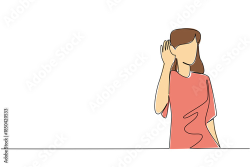 Single continuous line drawing a woman in casual clothes puts her hand behind her ear. Want a loud voice. Gestures of wanting to be heard. National Be Heard Day. One line design vector illustration