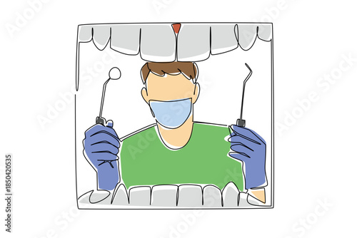 Single continuous line drawing rows of teeth and male dentist in a mask in gloves, holds a mirror and a pry tool. Tooth extraction procedure. National Dentist Day. One line design vector illustration