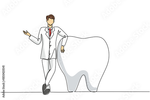 Single continuous line drawing male doctor standing and holding large tooth beside his. Leaning in front of big strong teeth. The specialist. National Dentist Day. One line design vector illustration