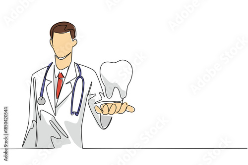 Continuous one line drawing male doctor holding a large tooth and pointing it forward. Example of well maintained teeth. Maintenance. National Dentist Day. Single line draw design vector illustration