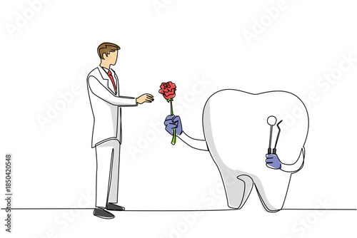 Single one line drawing big teeth have hands giving roses to male doctors. Repay the favor for taking good care of it. Symbolism. National Dentist Day. Continuous line design graphic illustration