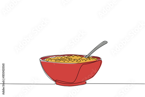 Continuous one line drawing cereal in a bowl with a spoon. Add milk to make breakfast healthier. Breakfast before activities. Tasty. National Cereal Day. Single line draw design vector illustration