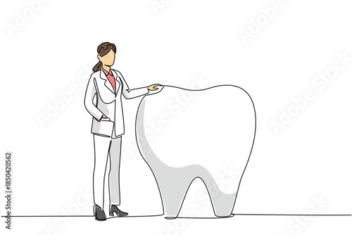 Single continuous line drawing female doctor standing holding big tooth beside her. Presentation by young dental specialist doctor. Hygiene. National Dentist Day. One line design vector illustration
