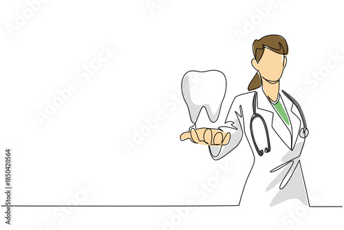 Single one line drawing female doctor holding a large tooth and pointing it forward. Young doctor gives an example of healthy teeth. National Dentist Day. Continuous line design graphic illustration