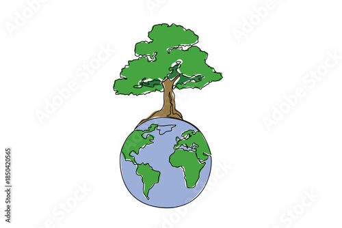 Single continuous line drawing globe with big tree on top. The importance of renewable energy resilience. Energy from nature. Zero emissions. World Plant Power Day. One line design vector illustration
