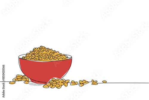 Single continuous line drawing cereal in a wooden bowl and a large spoon. Serving cereal in a bowl until it spills all over the floor. Diet. National Cereal Day. One line design vector illustration