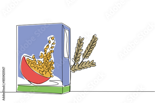 Single one line drawing cereal packaging box with wheat on the back of the packaging box. Healthy snacks made from wheat. Low fat. National Cereal Day. Continuous line design graphic illustration