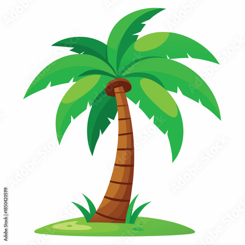 Cheery Cartoon Illustration of a Vibrant Green Palm Tree with Sunny Sky