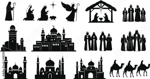 WebNativity Scene and Middle Eastern Building Silhouette Collection, Vector Icons Featuring Christmas Characters, Three Wise Men, and Islamic Mosques, Religion and Travel Set.