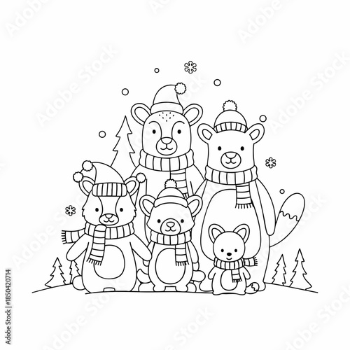 Adorable winter bears family in hats and scarves playing in snow