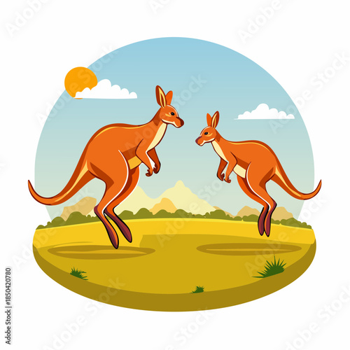 Two big red kangaroos are jumping over the Australian plain.