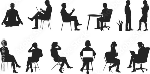 Office people silhouette, seated and standing poses, business interaction vector, casual meeting illustration, ergonomic posture, workplace activity, black outline art