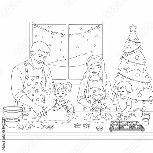 Happy family baking Christmas cookies together at home