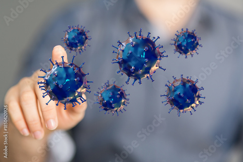 Photography Person touching digitally rendered coronavirus, symbolizing the pandemic and ass